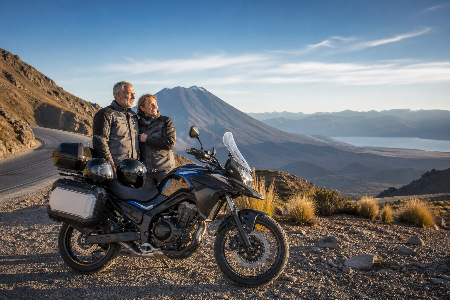Casal ao lado de uma moto em paisagem montanhosa, ilustrando o guia do Seguro SOAT Bolívia