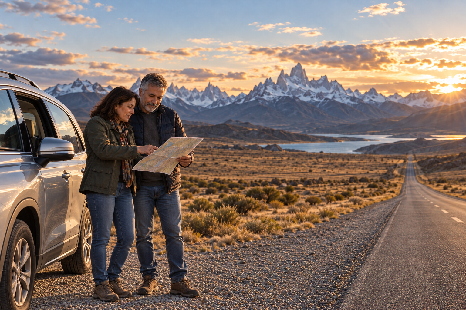Seguro Carta Verde Mercosul: guia completo para viajar de carro 1 Casal de meia-idade planejando viagem de carro pela Patagônia argentina