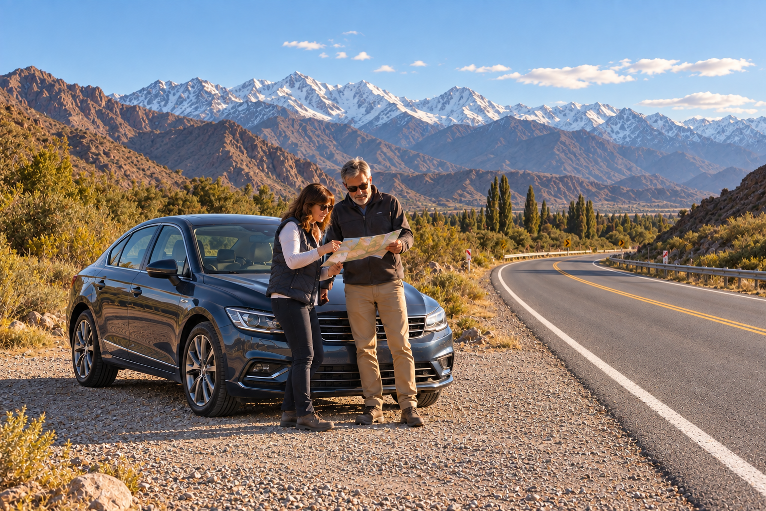 Seguro Carta Verde Mercosul: guia completo para viajar de carro 3 Casal de meia-idade com carro ao lado de uma estrada na Argentina