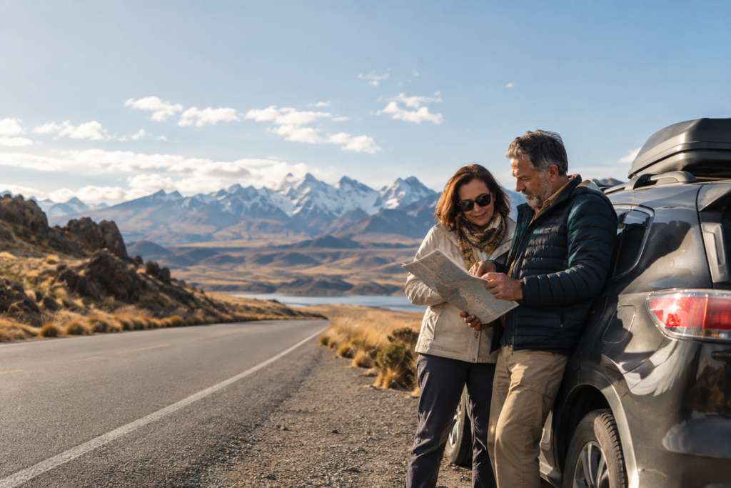Casal de meia-idade planejando viagem de carro pelas estradas do Peru