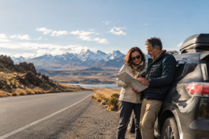 Casal de meia-idade planejando viagem de carro pelas estradas do Peru