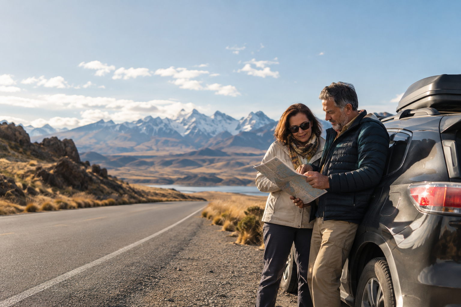 Casal de meia-idade planejando viagem de carro pelas estradas do Peru