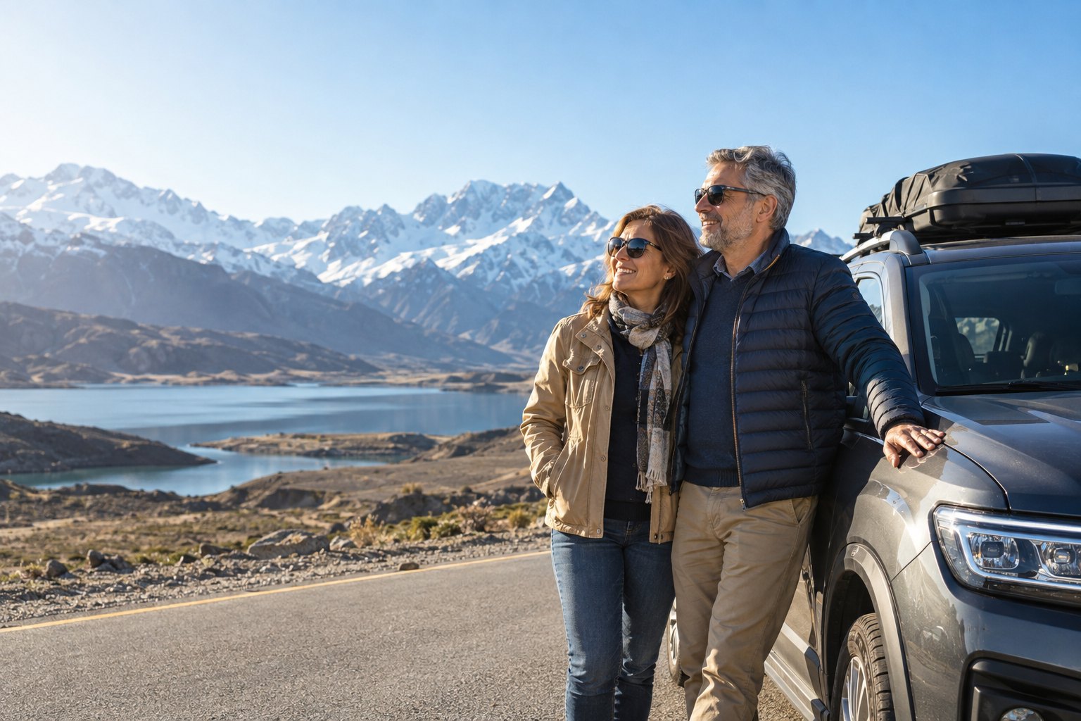 Casal de meia-idade viajando de carro pelo Chile com seguro SOAPEX