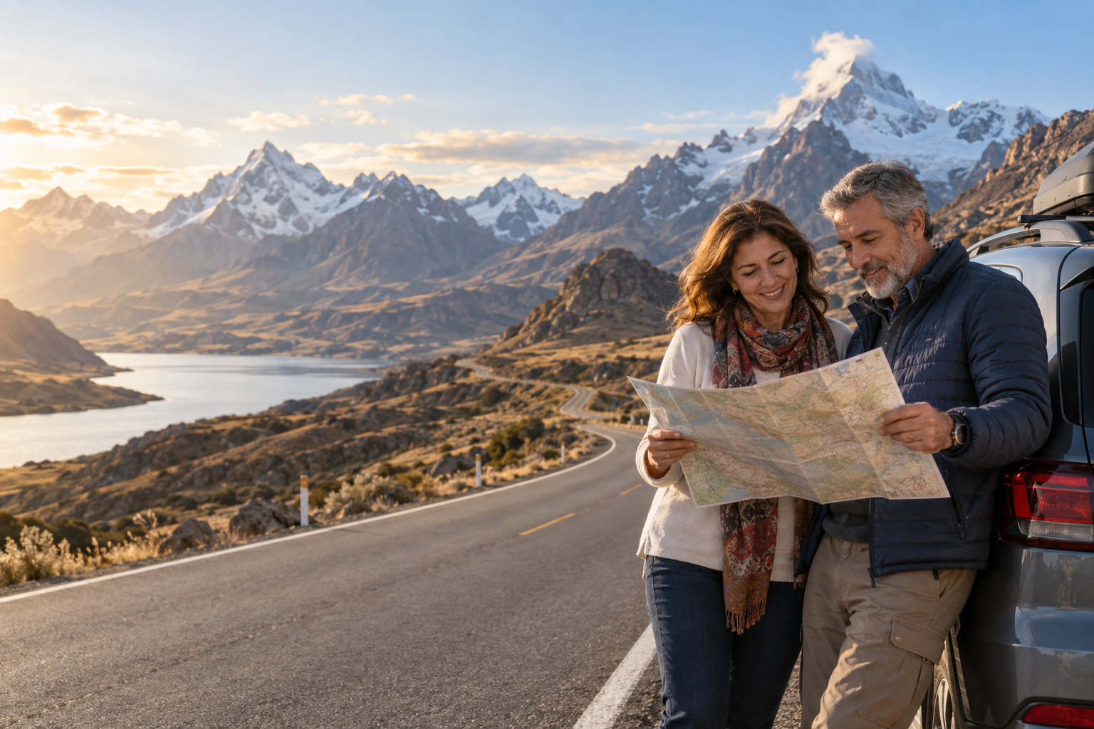 Casal de meia-idade planejando uma viagem de carro pelas estradas do Peru