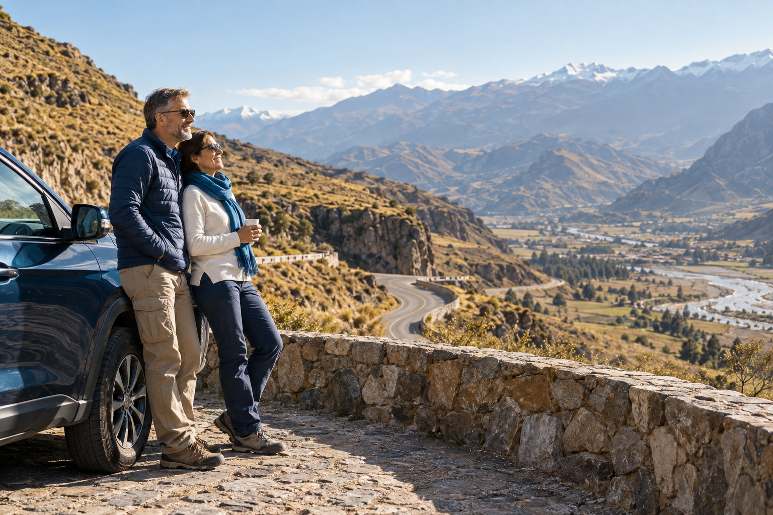 Casal viajando de carro contempla a paisagem dos Andes peruanos